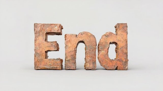 "The End: An eye-level studio shot showcasing the word 'End' crafted from a rustic, weathered material.