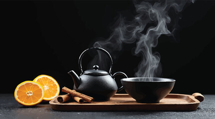 Steaming hot cup of black tea with teapot on a brown table perfect for a morning breakfast