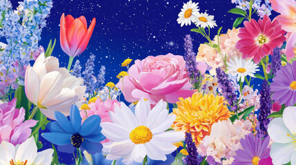 Beauty blooming flowers in pink, yellow, purple, and blue shades, set against a celestial starry night sky, creating a whimsical and peaceful spring garden scene with vivid, lively blooms