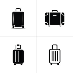 Four Black Suitcase Icons with Handles and Wheels for Travel and Business Trips