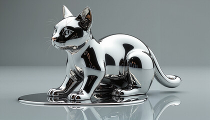 Cat shaped like liquid mercury melting into suitcase with silver metallic texture and surreal glossy reflection