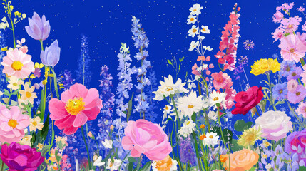 Cosmetic blooming flowers in shades of pink, yellow, white, and purple, set against a starry night sky, creating a whimsical and peaceful spring garden scene with lively, colorful blooms