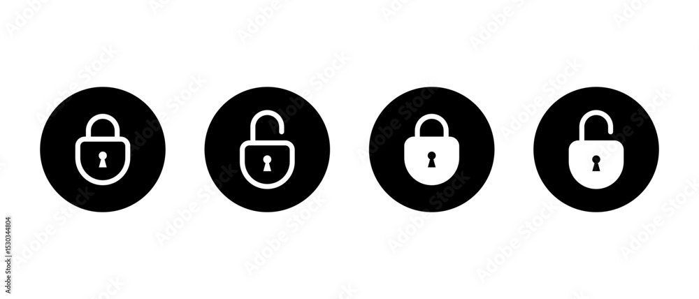 Poster lock and unlock padlock icon set on black circle. data encryption sign symbol