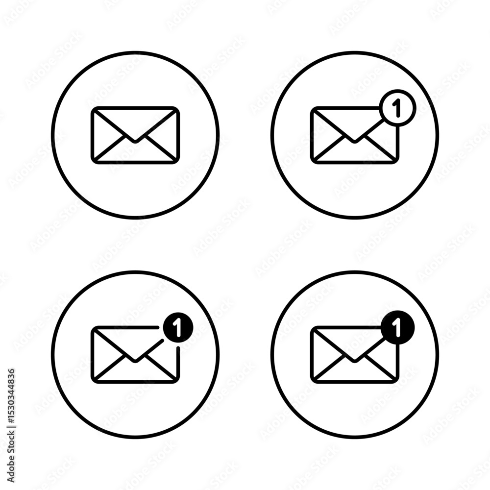 Poster new message notification, envelope email outline icon set on circle line. mail sign symbol