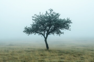 Obraz premium Single Tree Standing in Middle of Vast Foggy Landscape Captured in Serene Atmosphere