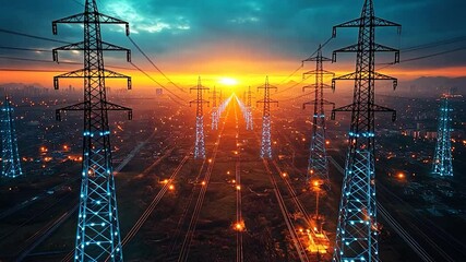 High voltage power lines transmit electricity across a city at sunset - Powered by Adobe