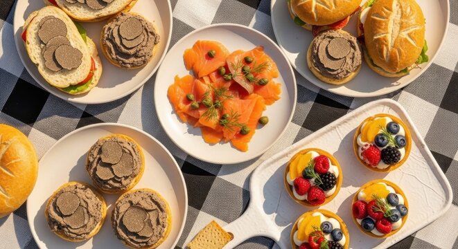 Assorted gourmet brunch with truffle sandwiches and fresh fruits - Powered by Adobe