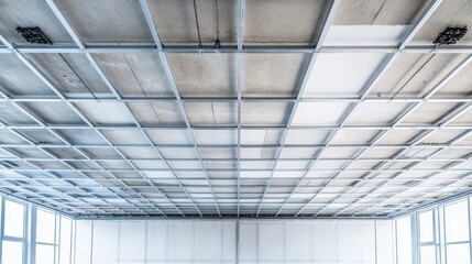 Metal grid framework supporting suspended plasterboard ceiling in a modern construction project.