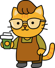 Hand drawn Cat and Career Doodle, Cartoon cat barista holding a coffee cup in an apron.