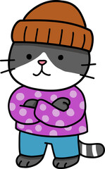 Hand drawn Cat and Career Doodle, Cute cartoon cat wearing a beanie and sweater with polka dots.
