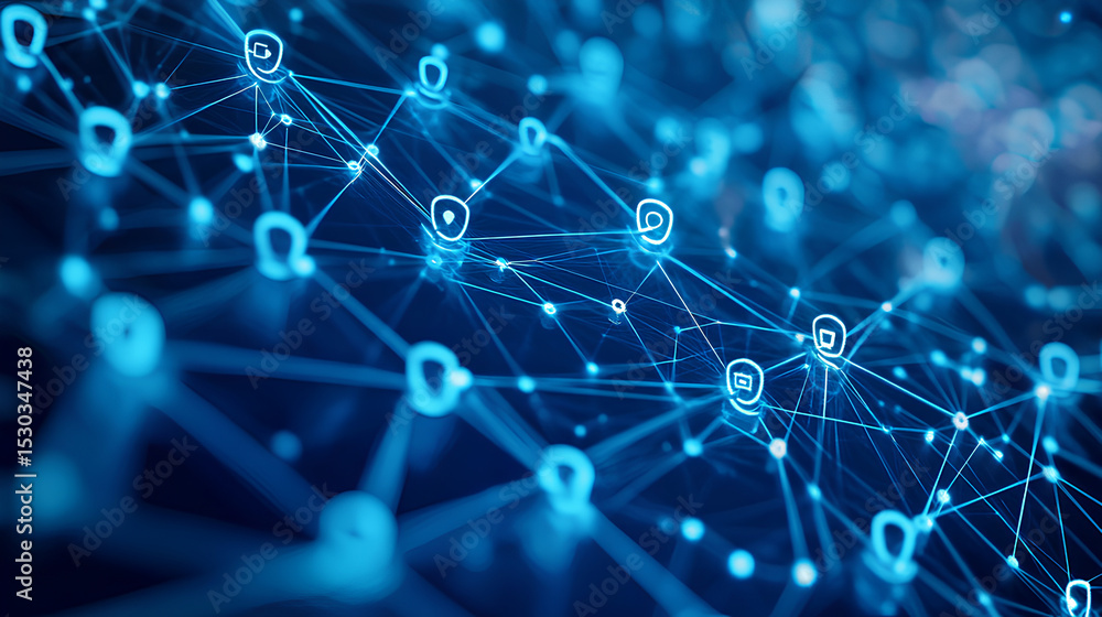 Poster close-up on blue blockchain nodes powering social network. viral content profiles converge with dece