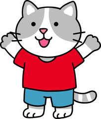 Hand drawn Cat and Career Doodle, Cartoon cat wearing a red shirt and blue shorts, smiling happily.