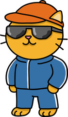 Hand drawn Cat and Career Doodle, Stylish cartoon cat wearing sunglasses and a cap.