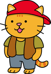 Hand drawn Cat and Career Doodle, Cartoon cat wearing a red cap and casual clothes.