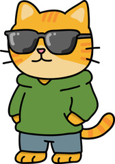 Hand drawn Cat and Career Doodle, Cool cartoon cat wearing glasses and a hoodie.