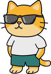 Hand drawn Cat and Career Doodle, Cool cartoon cat wearing sunglasses and casual summer outfit.