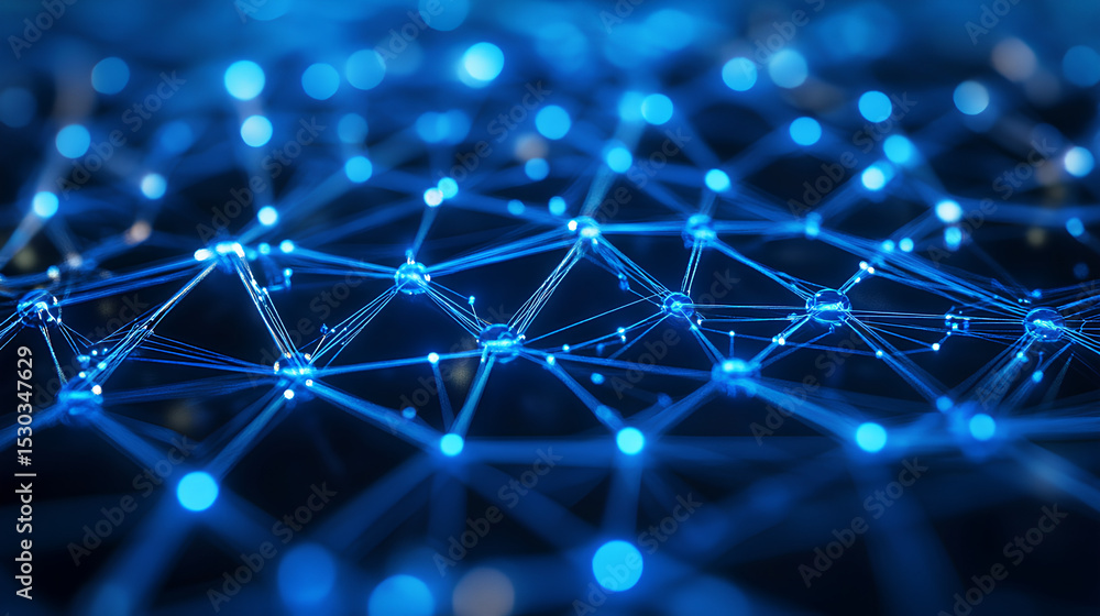 Poster close-up on blue blockchain nodes powering social network. viral content profiles converge with dece