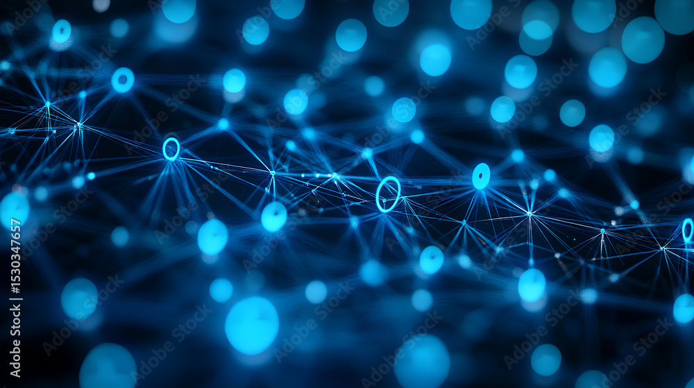 Poster close-up on blue blockchain nodes powering social network. viral content profiles converge with dece