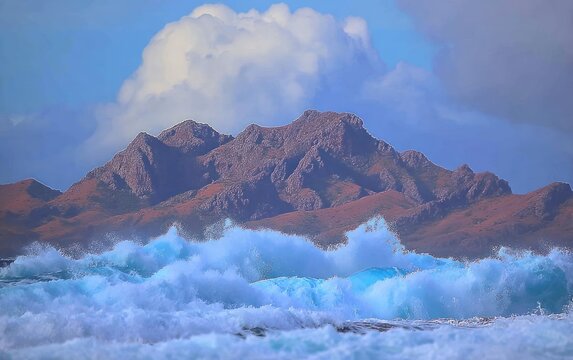 Dramatic coastal scene with crashing waves against mountains - Powered by Adobe