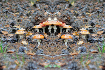 a group of fly agarics in the forest