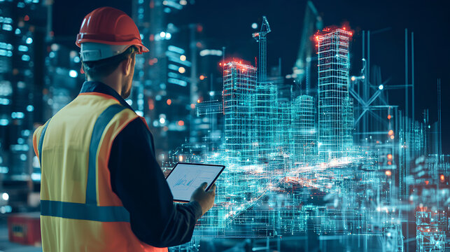 Construction workers use tech to plan building project. Digital twin model of city displayed on tablet. Workers wear safety vests. Modern tech helps construction. Innovation in industry. Building Stoc