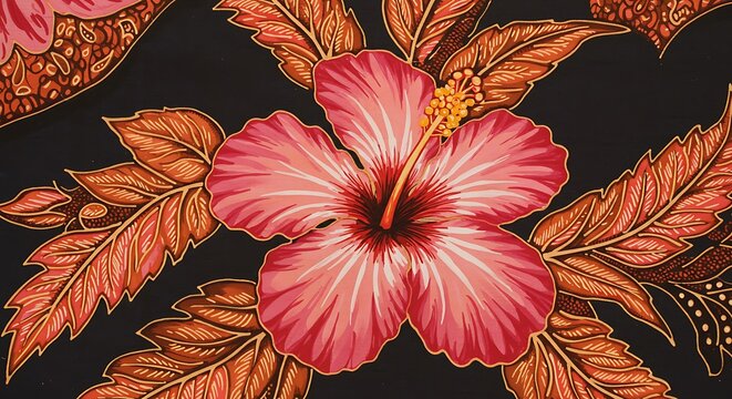 Detailed Floral Batik Art Featuring a Pink Hibiscus Flower and Leaves