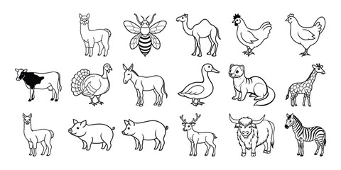 Animal silhouette line art vector set with farm and wild animals collection