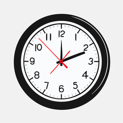Vector of round wall clock with clean face and hands on white background.