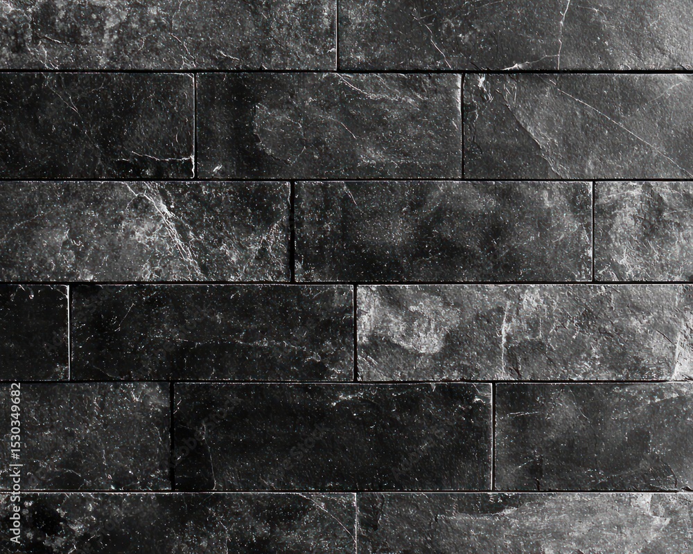 Poster close-up view of a dark gray, rectangular stone tile wall with subtle variations in texture and shad