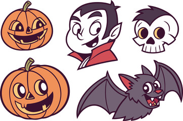 Fototapeta premium Cute Halloween Cartoon Characters Featuring Pumpkins Vampire Skull and Bat