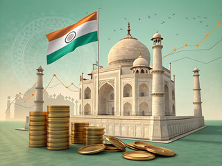 Taj Mahal with Indian Flag and Financial Market Graphics