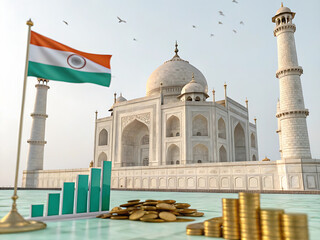 Taj Mahal with Indian Flag and Financial Market Graphics