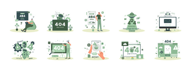 Error 404 page not found illustrations set. Flat vector illustrations.