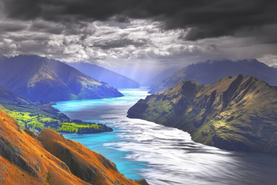 Dramatic mountain valley with turquoise lake