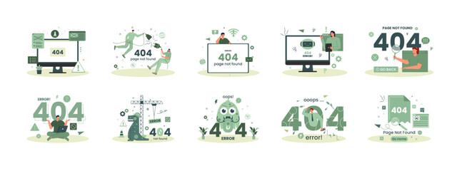 Error 404 page not found illustrations set. Flat vector illustrations.