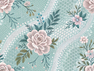 Pastel Blue Lace Seamless Pattern with Garden Floral Motifs