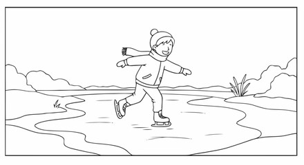 Child ice skating winter scene coloring page
