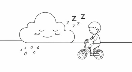 Child riding bicycle sleepy cloud rain