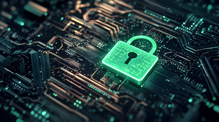 Cybersecurity banner with glowing green padlock integrated into intricate circuit board design. Digital security theme for data protection, internet safety. Tech concept, data privacy, network Stock I