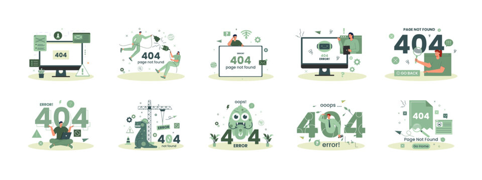 Error 404 page not found illustrations set. Flat vector illustrations.