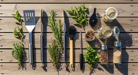 Cooking utensils and herbs on wooden table with spices in jars under sunlight