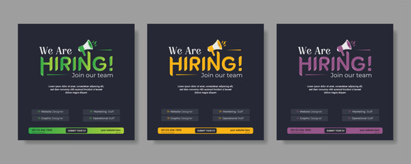 Professional vector template for we are hiring job vacancy announcement social media post design recruitment banner and employment promotion layout