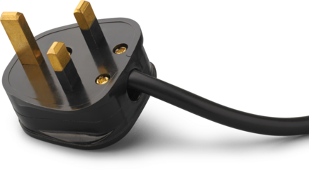 close-up of black three pin AC power plug isolated white background, british standard or type G plug with rectangular brass colored metallic prongs with wire cord