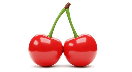 Two Red Cherries with Green Stems on White Background
