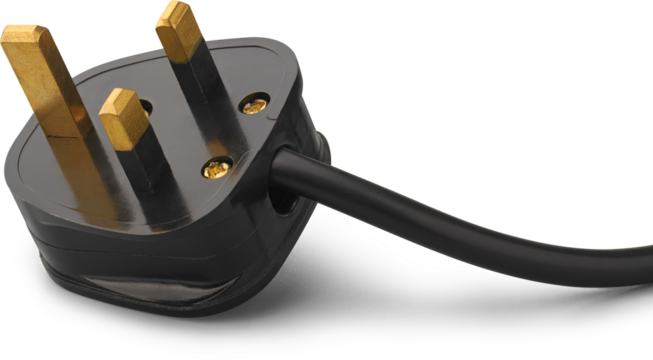 close-up of black three pin AC power plug isolated white background, british standard or type G plug with rectangular brass colored metallic prongs with wire cord