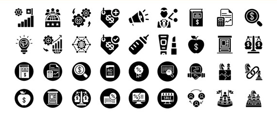 Collection of diverse business and marketing related icons, including finance, sales, strategy, and advertising symbols.