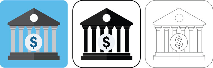 Illustrated bank icon representing financial institutions and dollar symbol in different styles