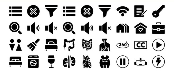 A diverse collection of glyph icons encompassing various categories such as user interface elements, multimedia controls, medical symbols, home and building representations, and more.