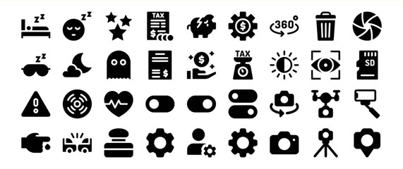 A diverse collection of 36 diverse glyph icons representing various concepts such as sleep, finance, photography, technology, and more, suitable for mobile apps or websites.