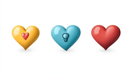 Three colorful stylized hearts in a row on a white background love concept